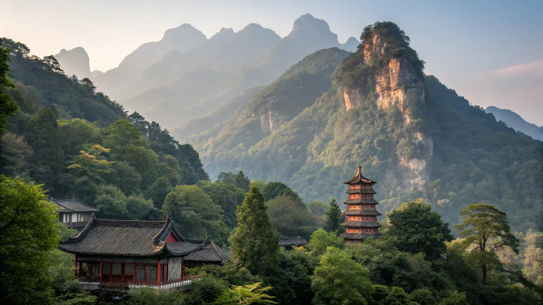 A serene view of Qingcheng Mountain with traditional Chinese architecture visible in the foreground.