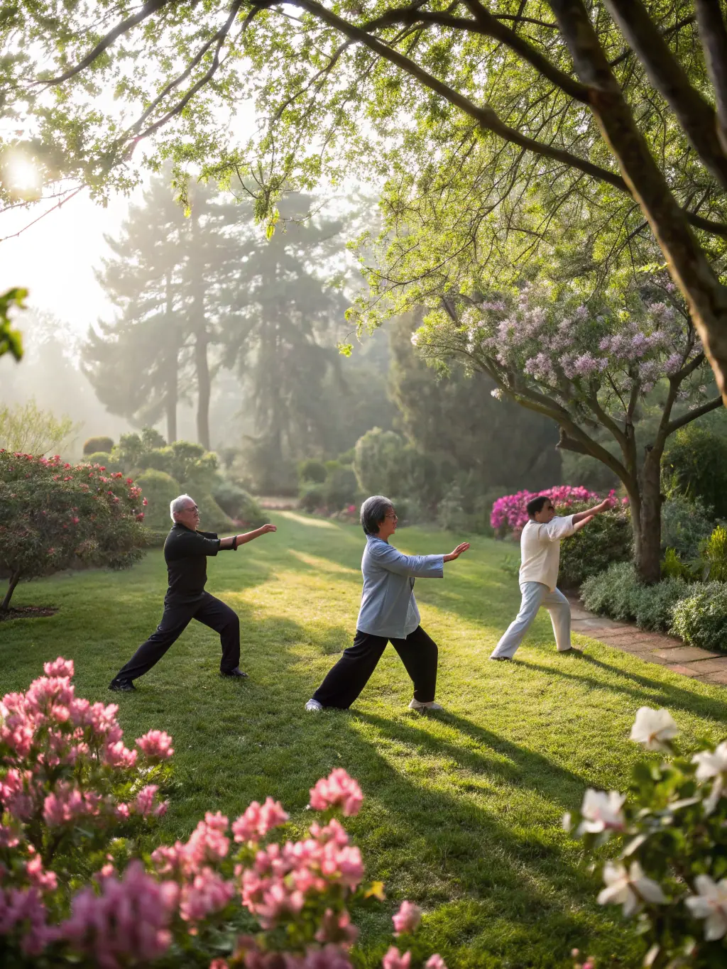 A group of retreat participants practicing Tai Chi in a tranquil garden setting at Qingcheng Mountain, focusing on slow, deliberate movements and mindful breathing.